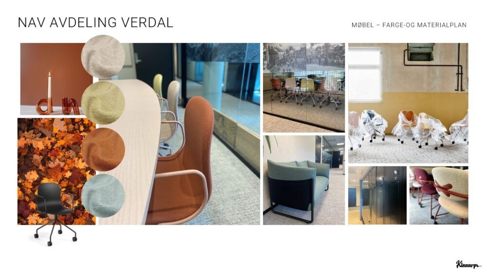 Moodboard for Nav verdal utarbeidet av interiørdesigner på Saxvik. Stemningskart av uttrykk, møbel og farge.