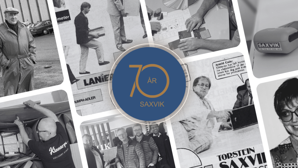 Saxvik har 70 års jubileum i 2024. Collage med flere som har jobbet i Saxvik gjennom årene, utsnitt av avisartikler og dagens ansatte. Svart hvitt bilder